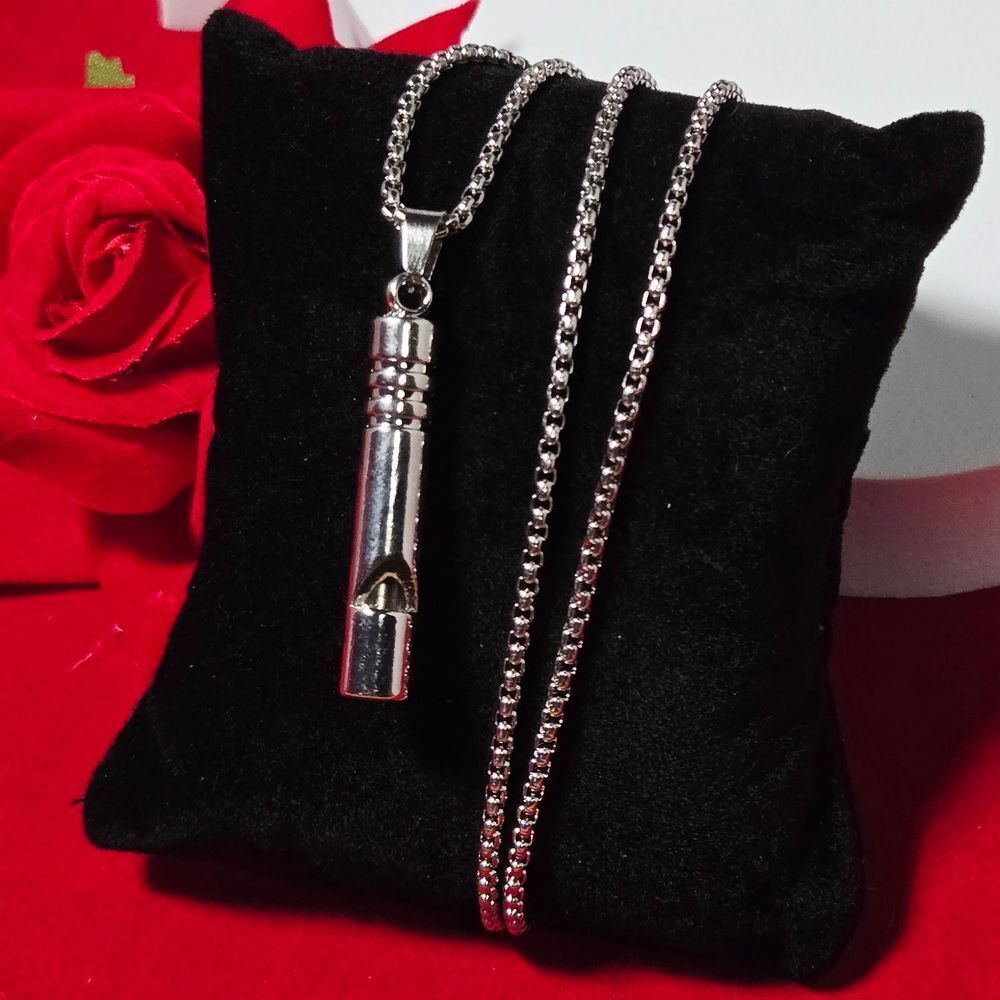 Silver Stainless Steel Whistle Pendant Necklace | Minimalist Cylinder Jewelry